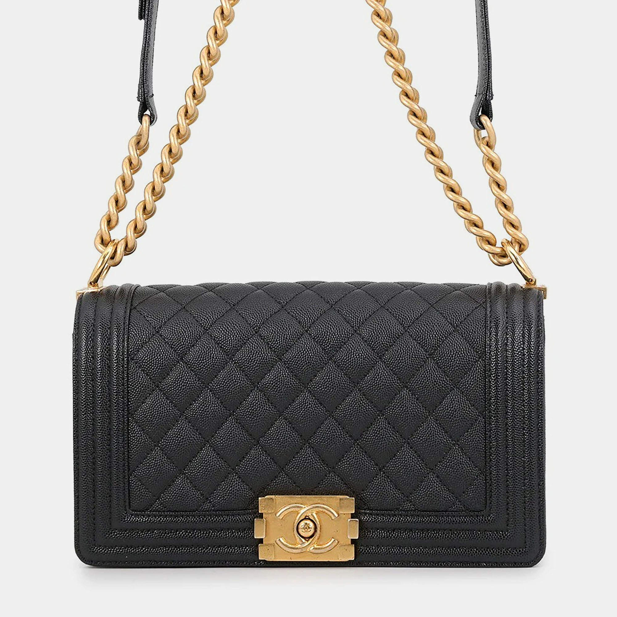 Pre Owned Chanel Boy Chanel 25 Black Caviar Leather Shoulder Bag