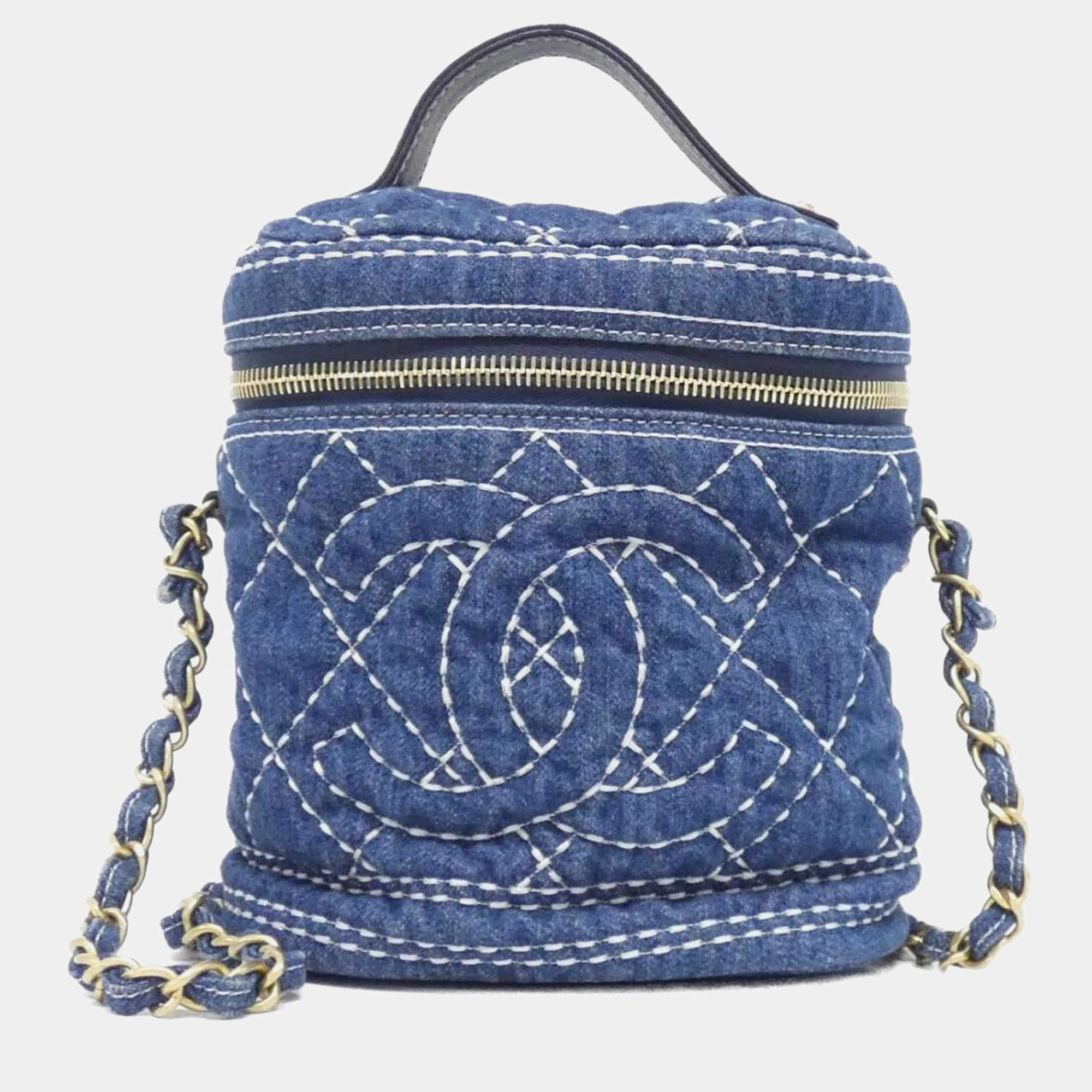Pre Owned Chanel Trip Small Blue Quilted Denim Calfskin Leather Vanity Bag