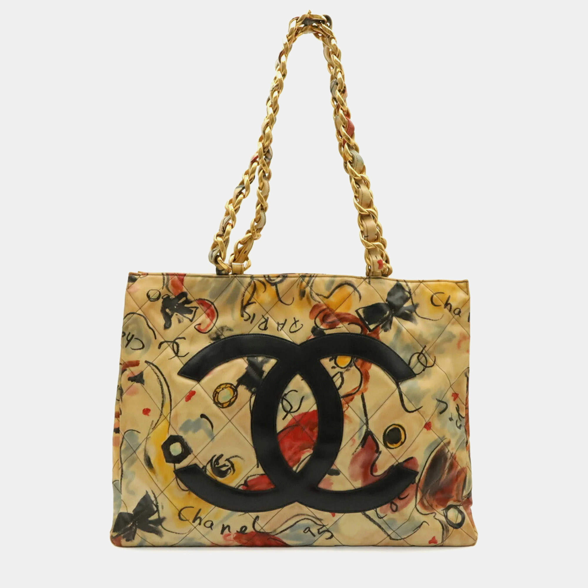 Pre Owned Chanel Coco Mark Large Multicolor Coated Canvas Chain Tote Shoulder Bag