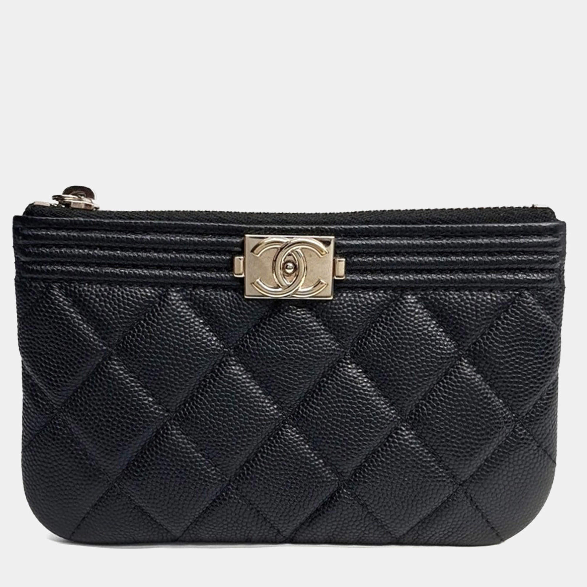 Pre Owned Chanel Boy Mini Black Caviar Leather Pouch Bag