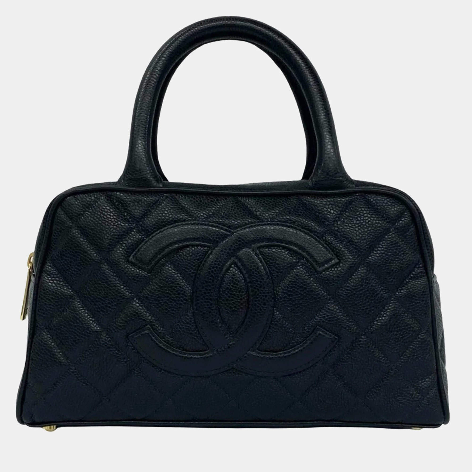 Pre Owned Chanel Timeless CC Mini Black Caviar Leather Handbag Boston Bag