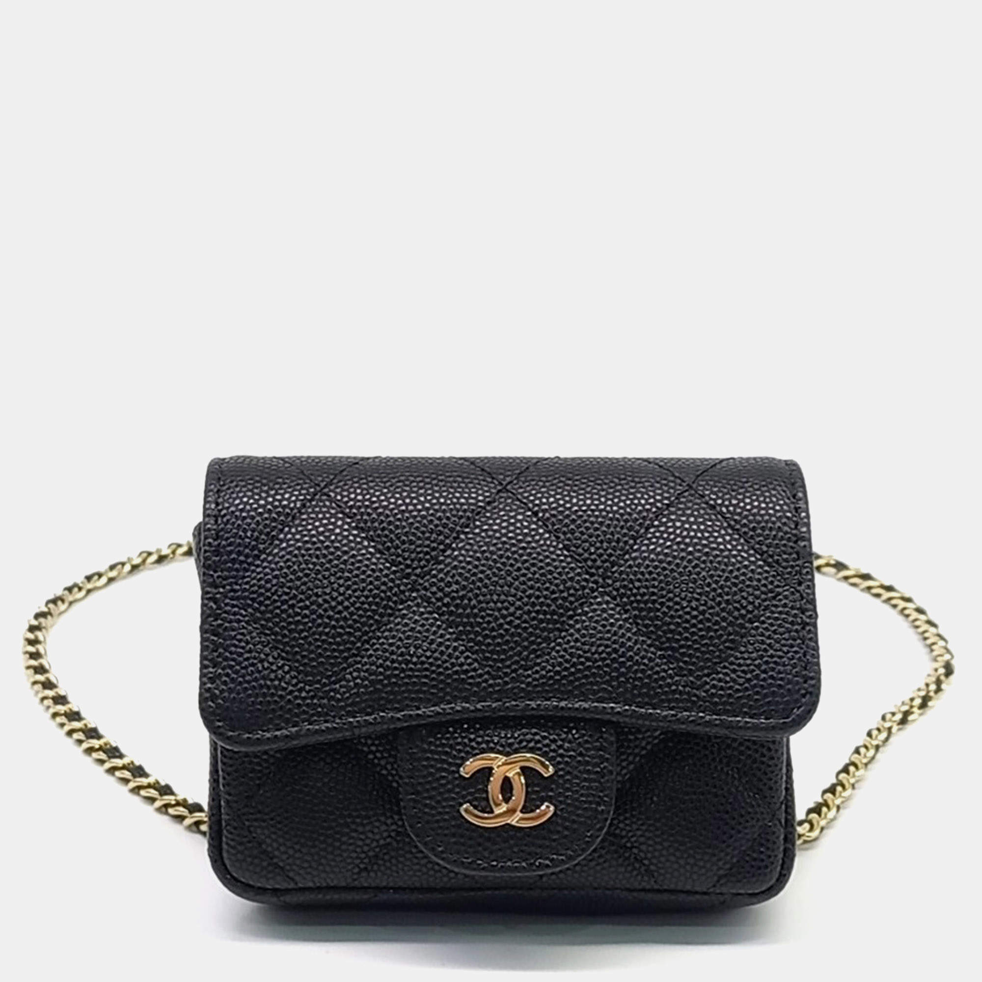 Pre Owned Chanel Classic Small Black Grained Calfskin Leather Chain Belt Bag