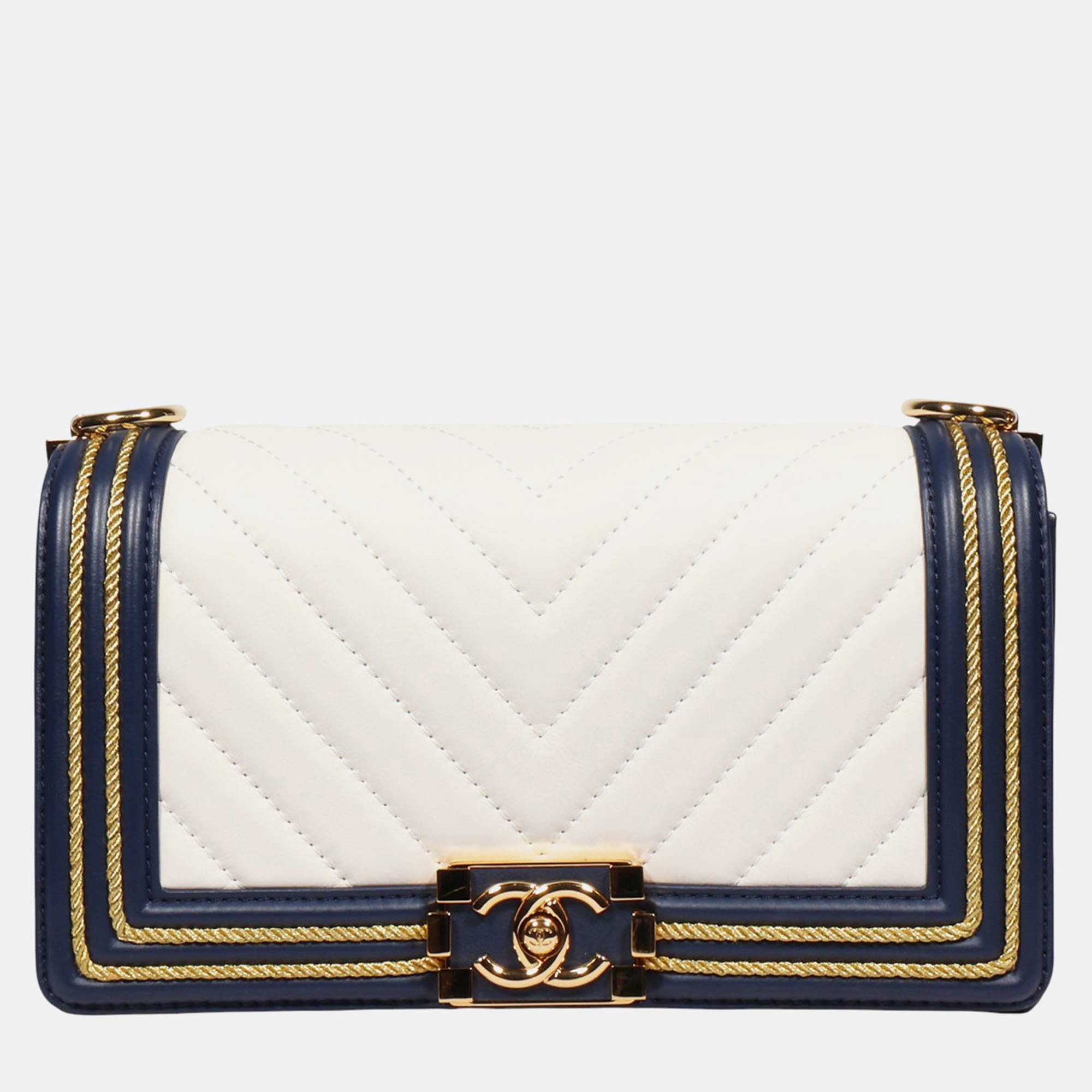 Pre Owned Chanel Boy Medium White Blue Lambskin Leather Shoulder Bag
