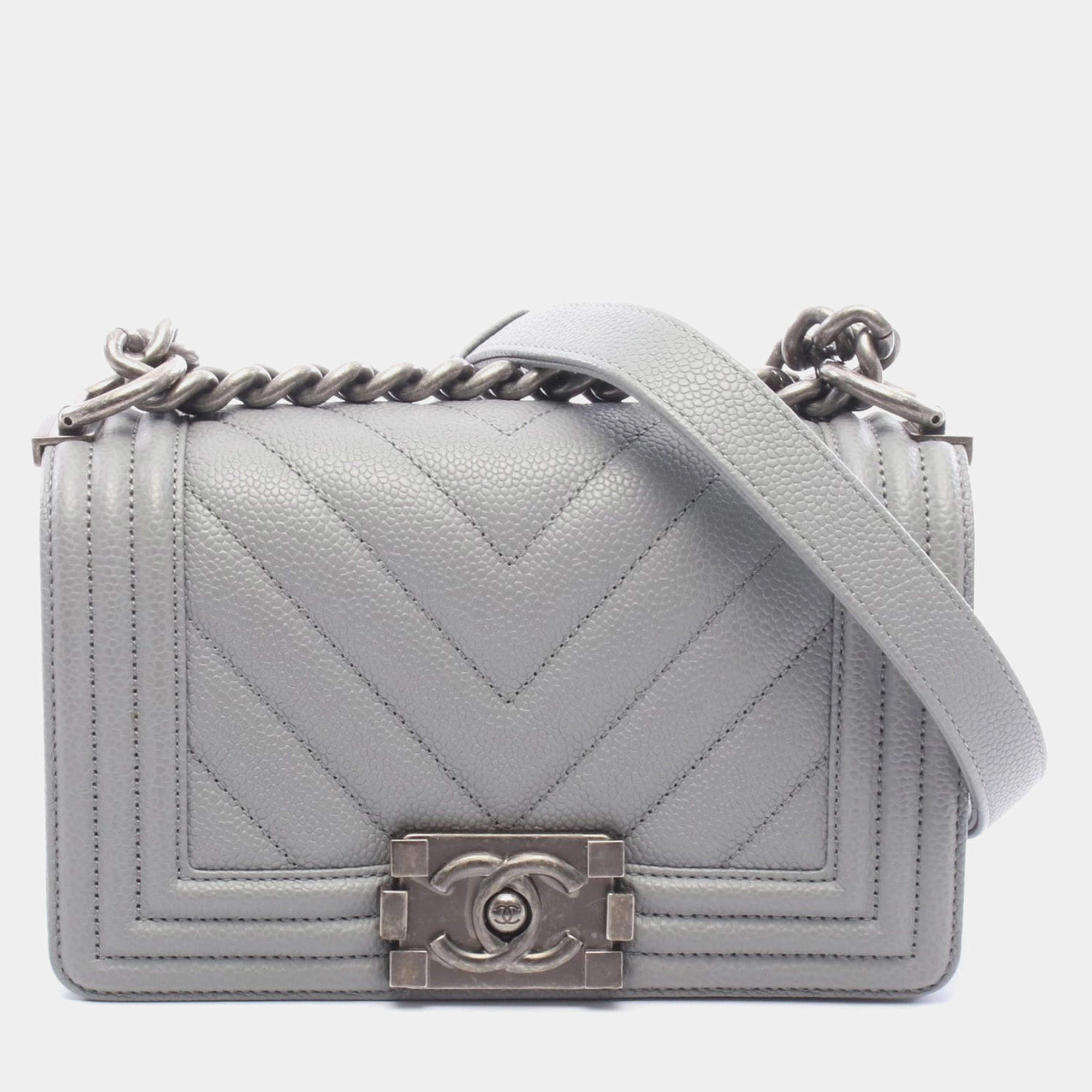 Pre Owned Chanel Boy Small Gray Grained Calfskin Leather Shoulder Bag