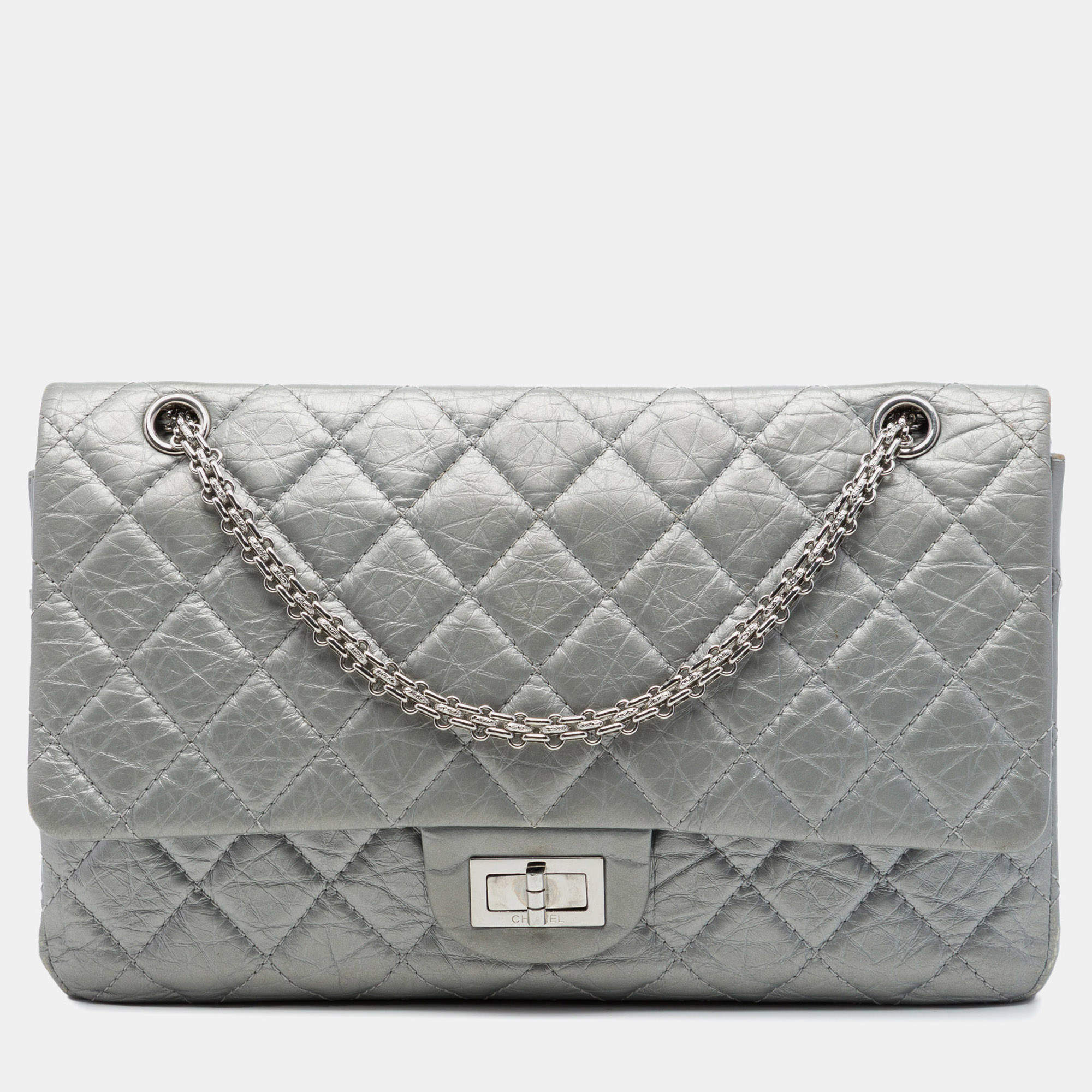 Pre Owned Chanel Reissue 2.55 227 Metallic Grey Aged Calfskin Shoulder Bag