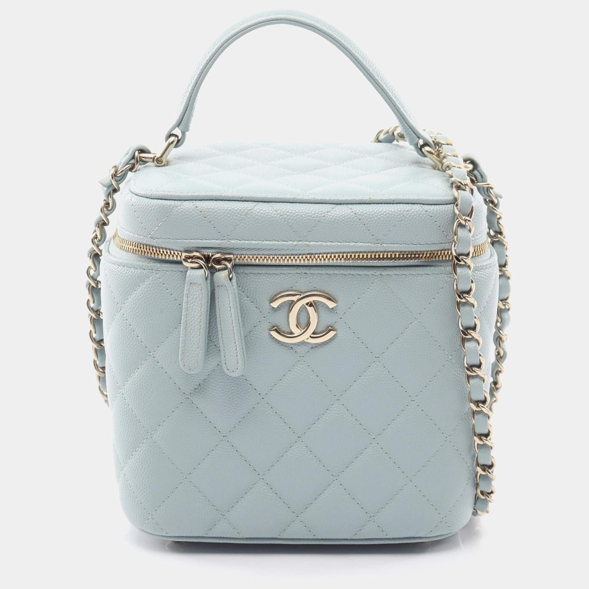 Pre Owned Chanel Matelasse AS2362 Light Blue Grained Calfskin Leather Top Handle Vanity Case Bag