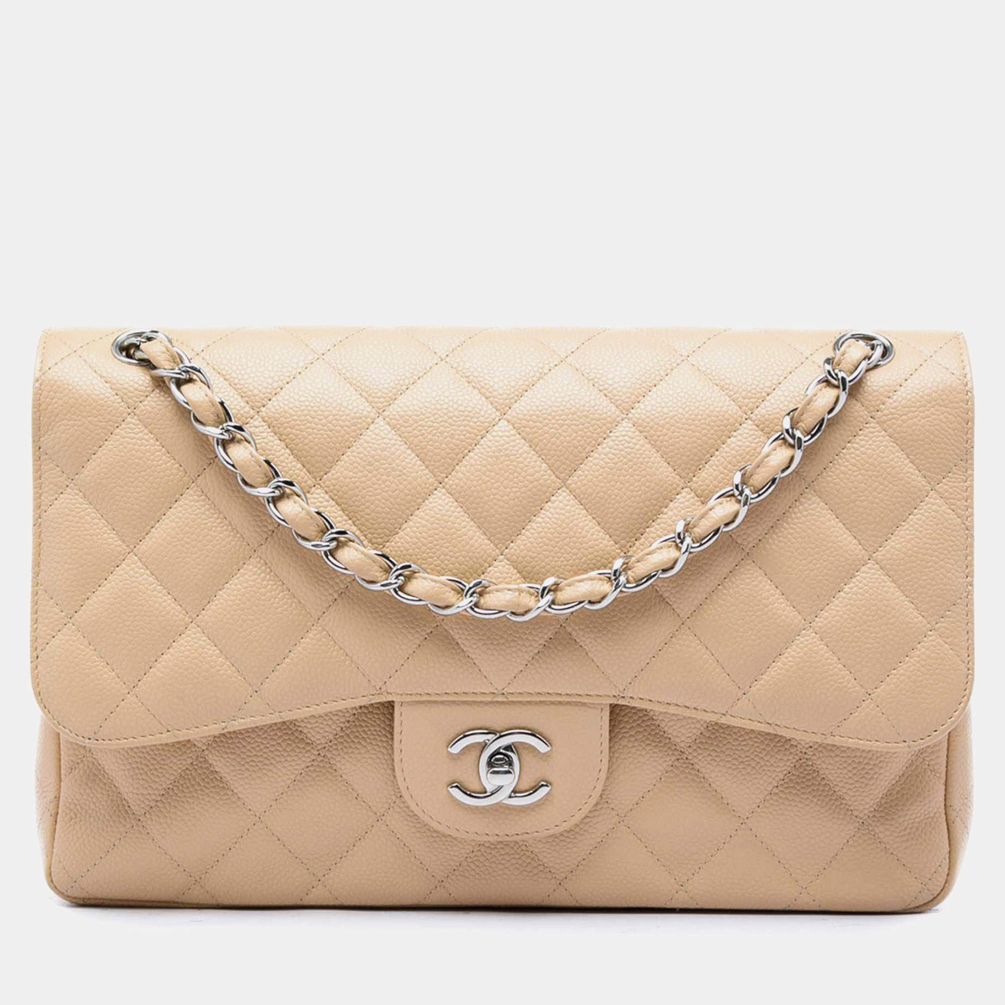 Pre Owned Chanel Jumbo Classic Double Flap Beige Caviar Leather Shoulder Bag