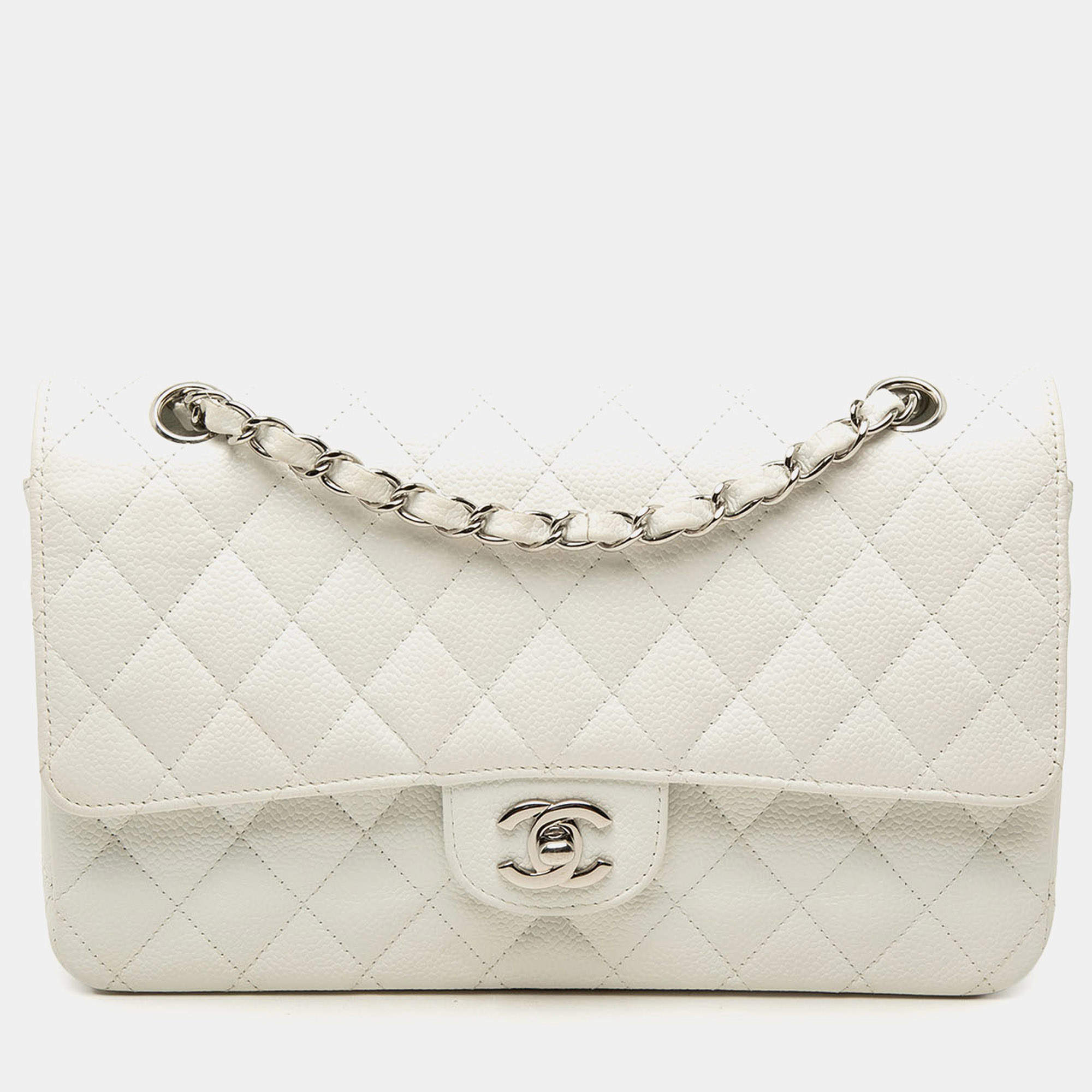 Pre Owned Chanel Classic Double Flap Medium White Caviar Grained Calfskin Leather Silver Hardware Shoulder Bag