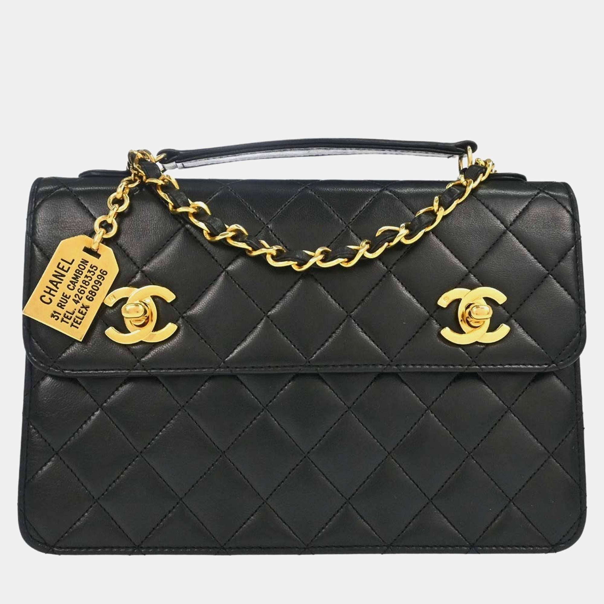 Pre Owned Chanel Vintage Double CC Turnlock Small Black Lambskin Leather Top Handle Bag