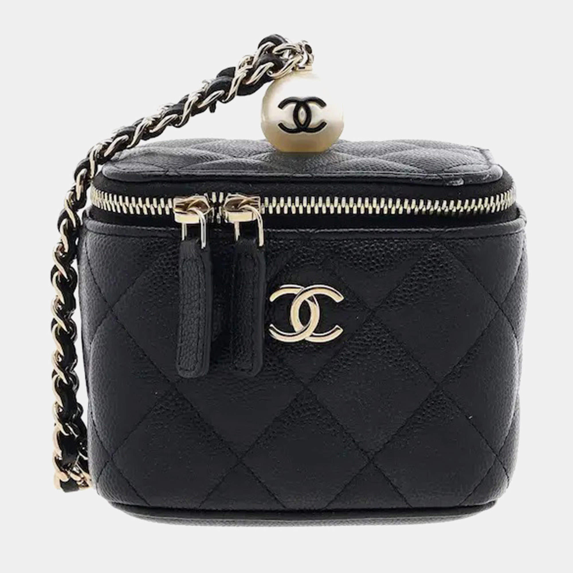 Pre Owned Chanel Vanity Case Black Quilted Caviar Leather Top Handle Bag