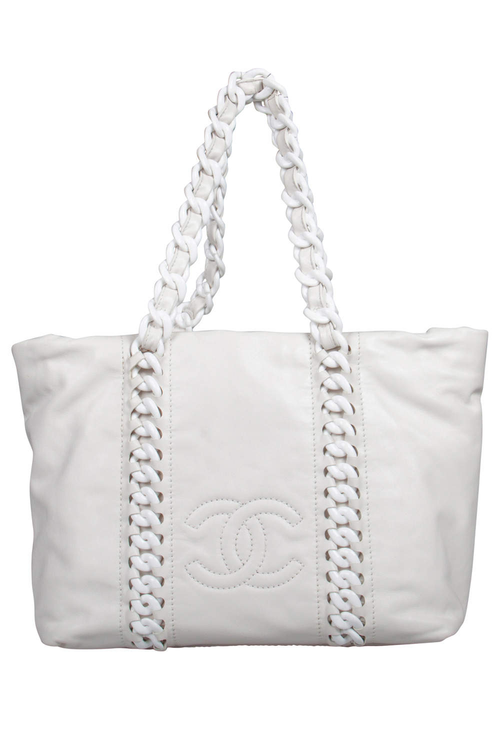 Chanel White Calfskin Leather Rhodoid Modern Chain Tote Bag