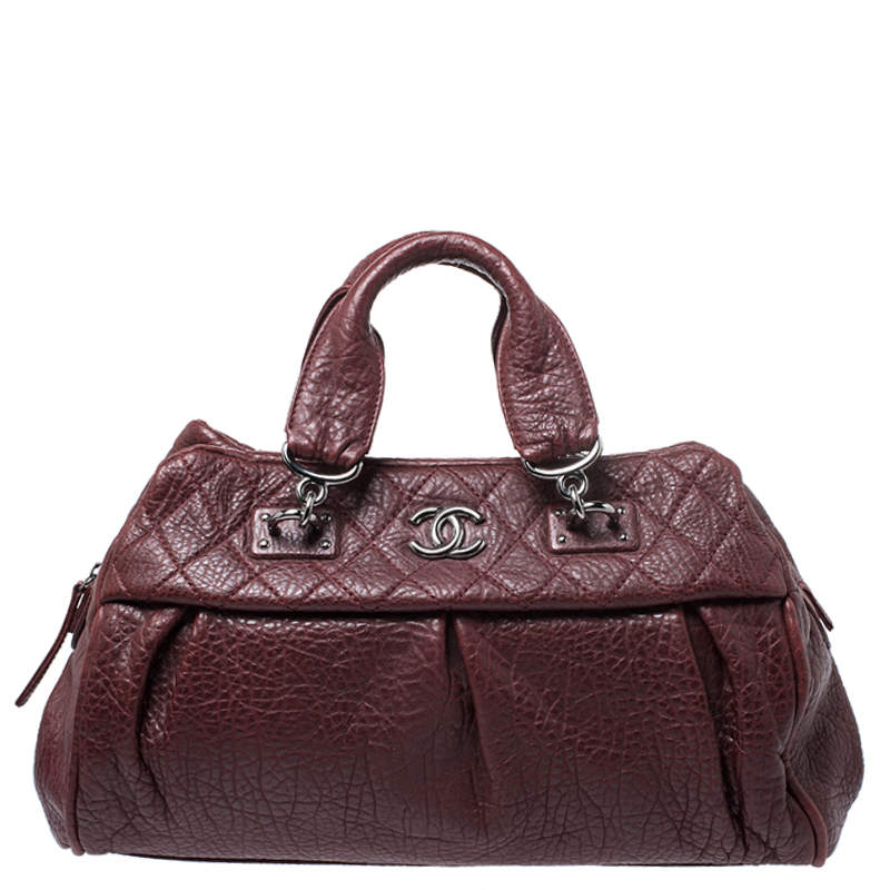 Pre Owned Chanel Maroon Leather Coco Pleats Bowler Bag