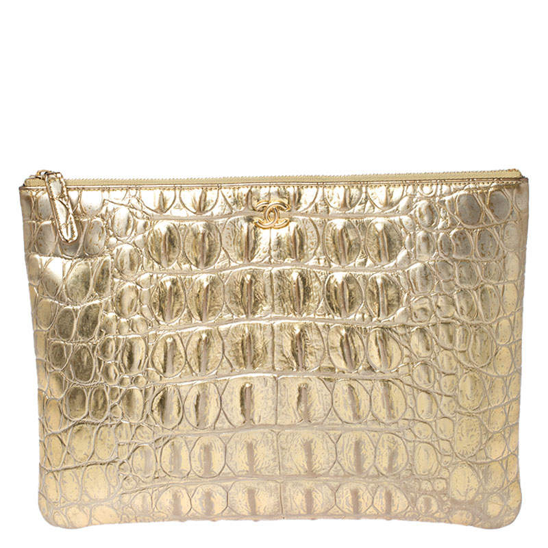 chanel gold croc embossed