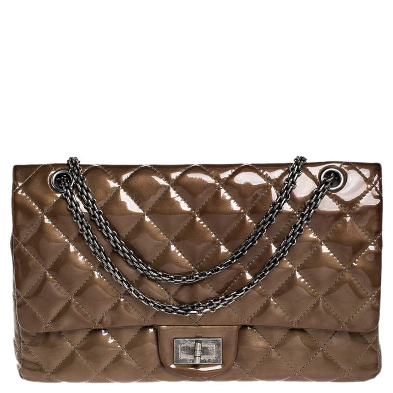 Pre Owned Chanel Brown Quilted Patent Leather Reissue 2.55 Classic 227 Flap Bag