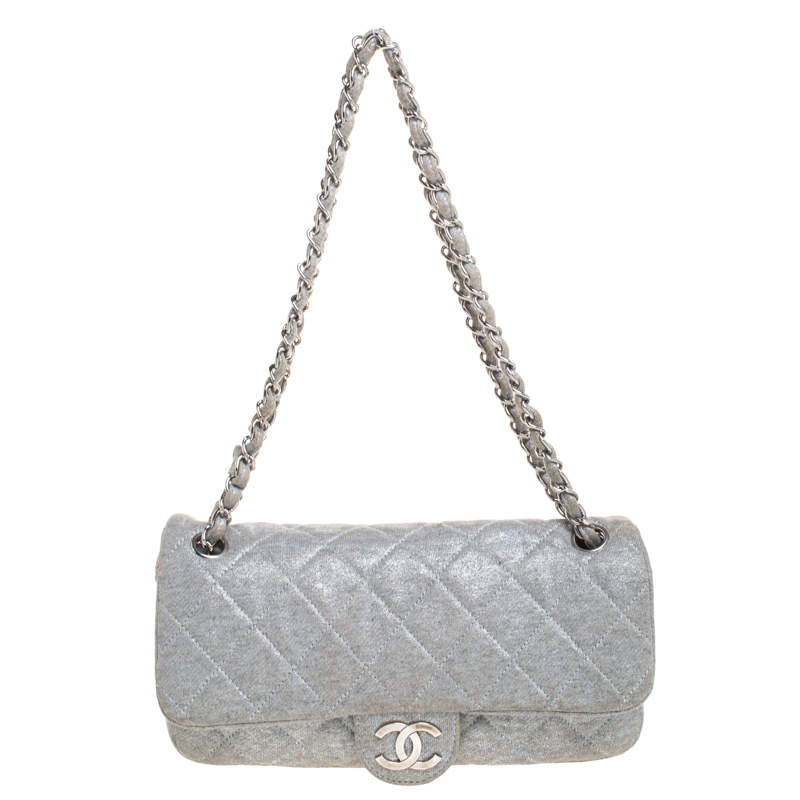 Chanel Metallic Grey Quilted Jersey Medium Flap Bag