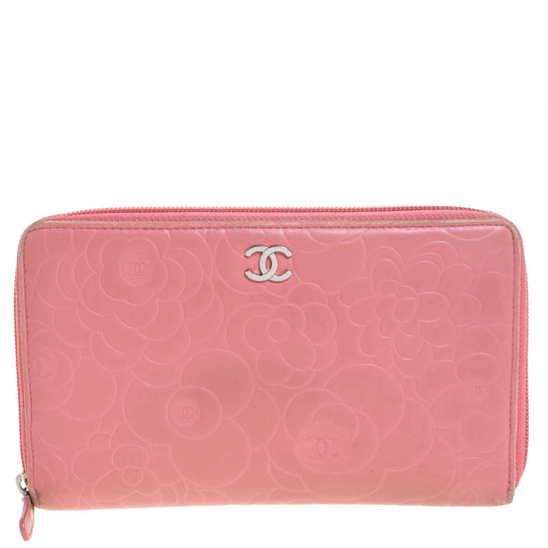 Chanel Pink Leather CC Camellia Zip Around Wallet Organizer Chanel