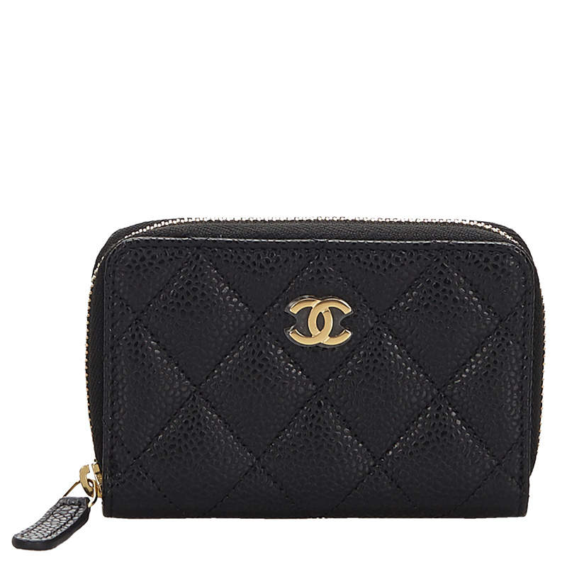 Chanel Black Quilted Caviar Leather Zip Around Coin Purse