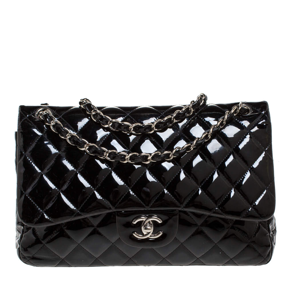 Chanel Black Quilted Patent Leather Jumbo Classic Double Flap Bag