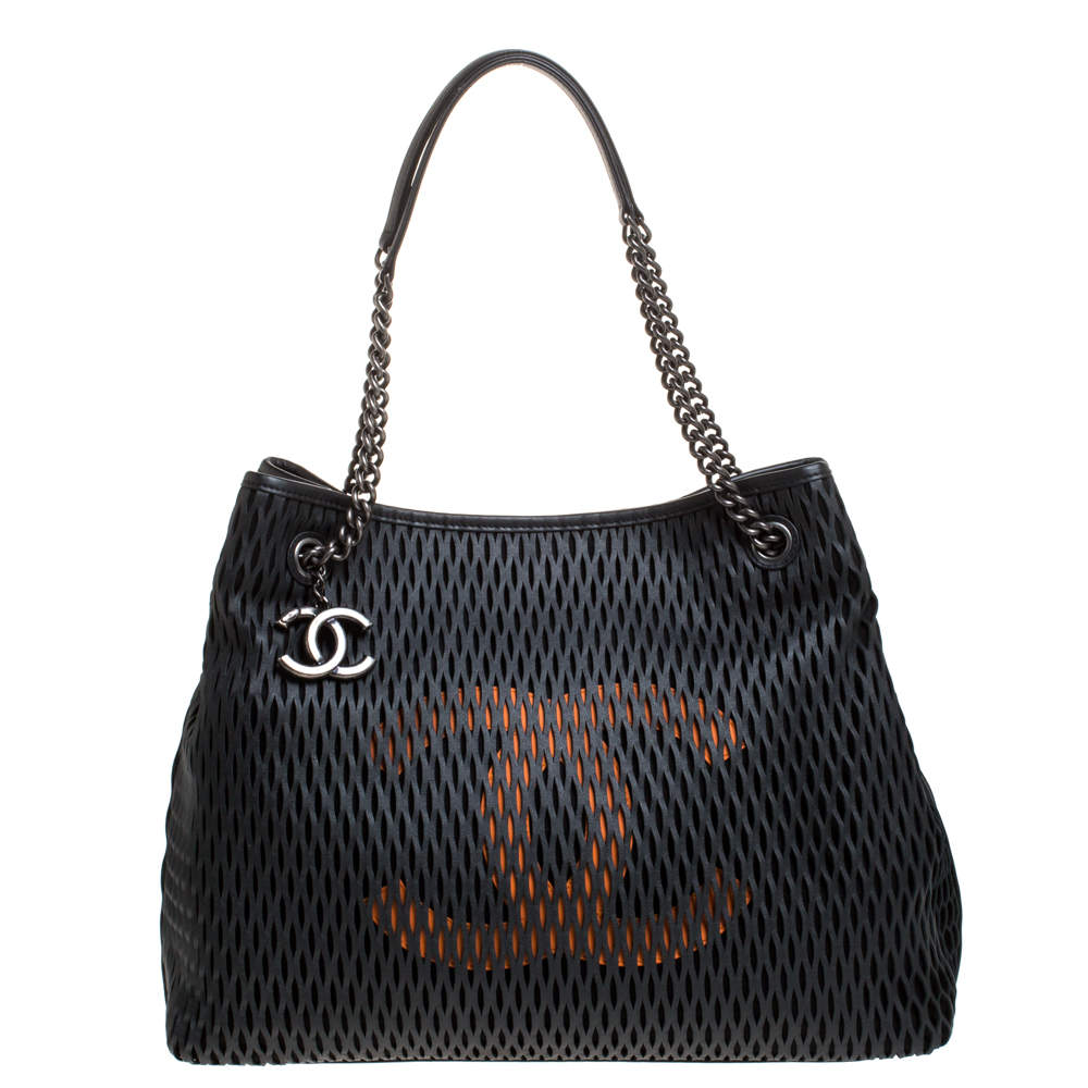 Chanel CC Logo Black Perforated Tote Bag Chain Handle - clothing