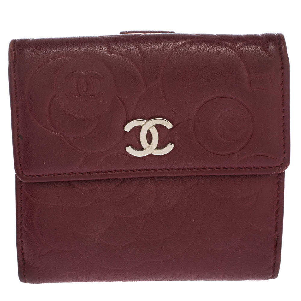 Chanel Dark Red Leather Camellia Embossed French Wallet