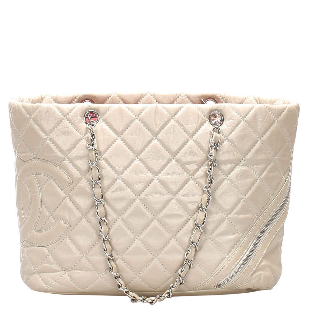 Pre Owned Chanel Grey Lambskin Leather Ligne Cambon Tote Bag