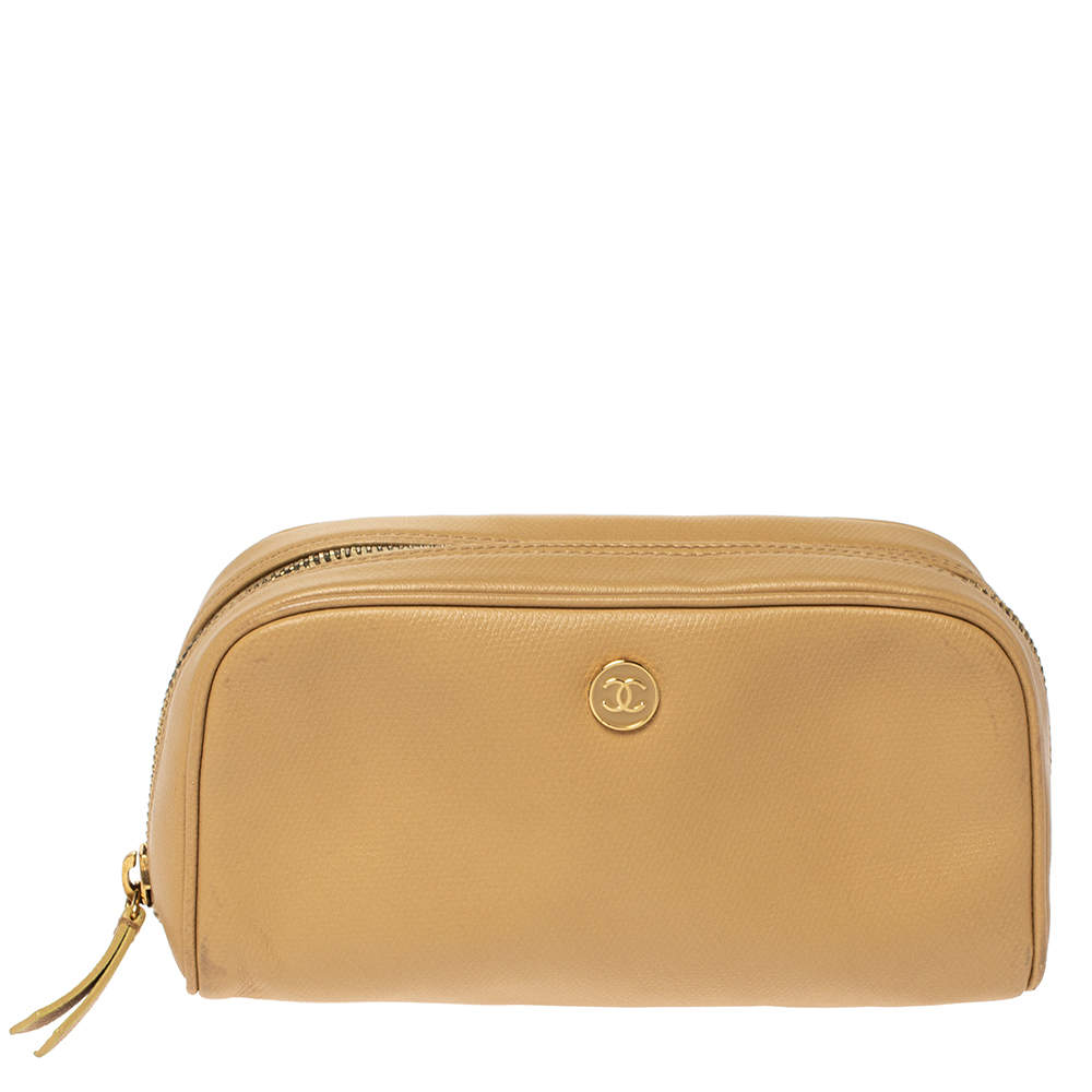Chanel Beige Leather Cosmetic Zip Pouch