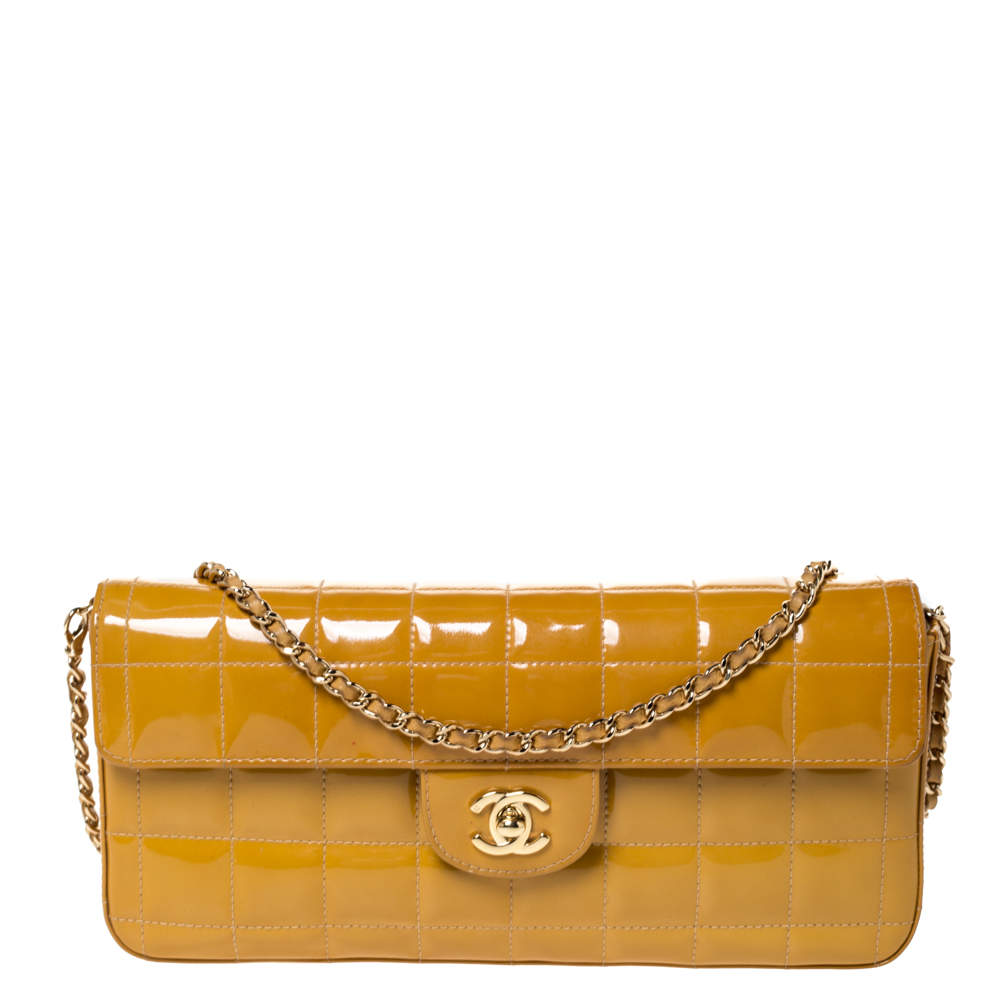 Chanel Mustard Chocolate Bar Quilted Patent Vinyl East West Flap Bag Chanel