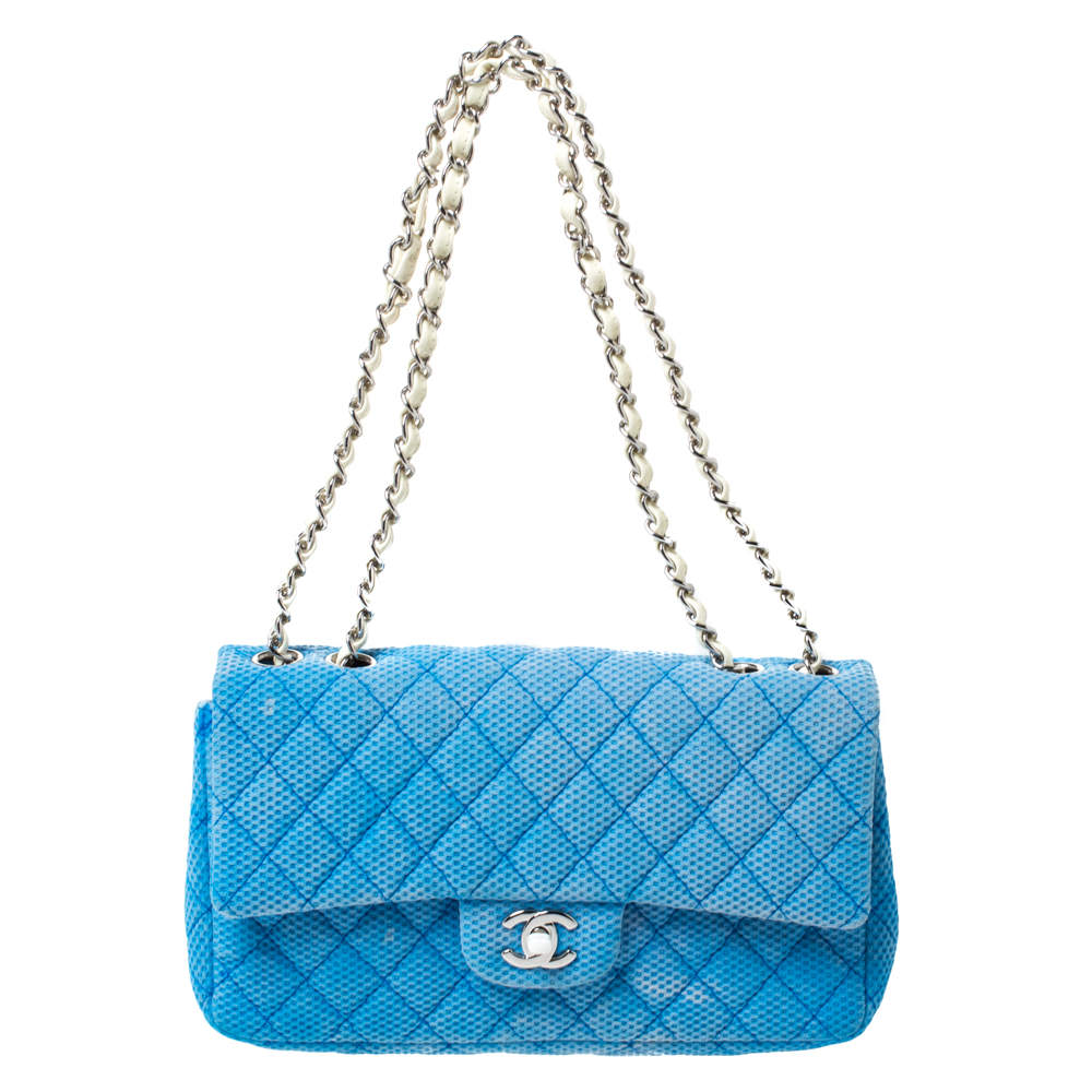 Pre Owned Chanel Blue/White Quilted Perforated Jersey Medium Classic Single Flap Bag         