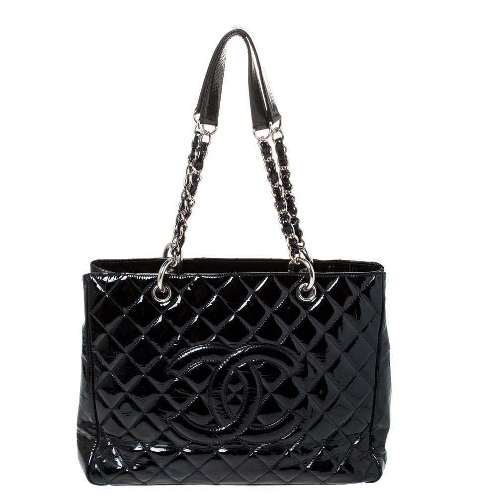Pre Owned Chanel Black Quilted Patent Leather Grand Shopping Tote