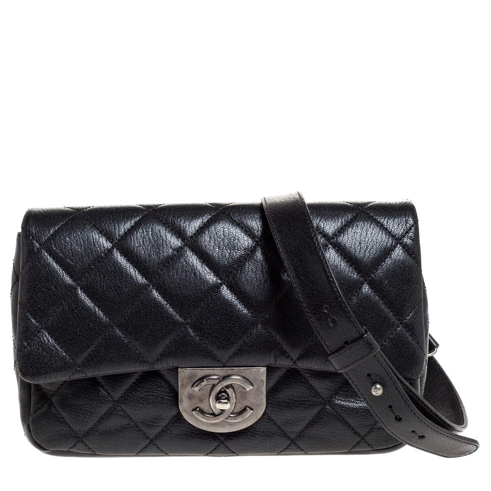 Chanel Black Quilted Goatskin Leather Double Carry Waist Flap Bag
