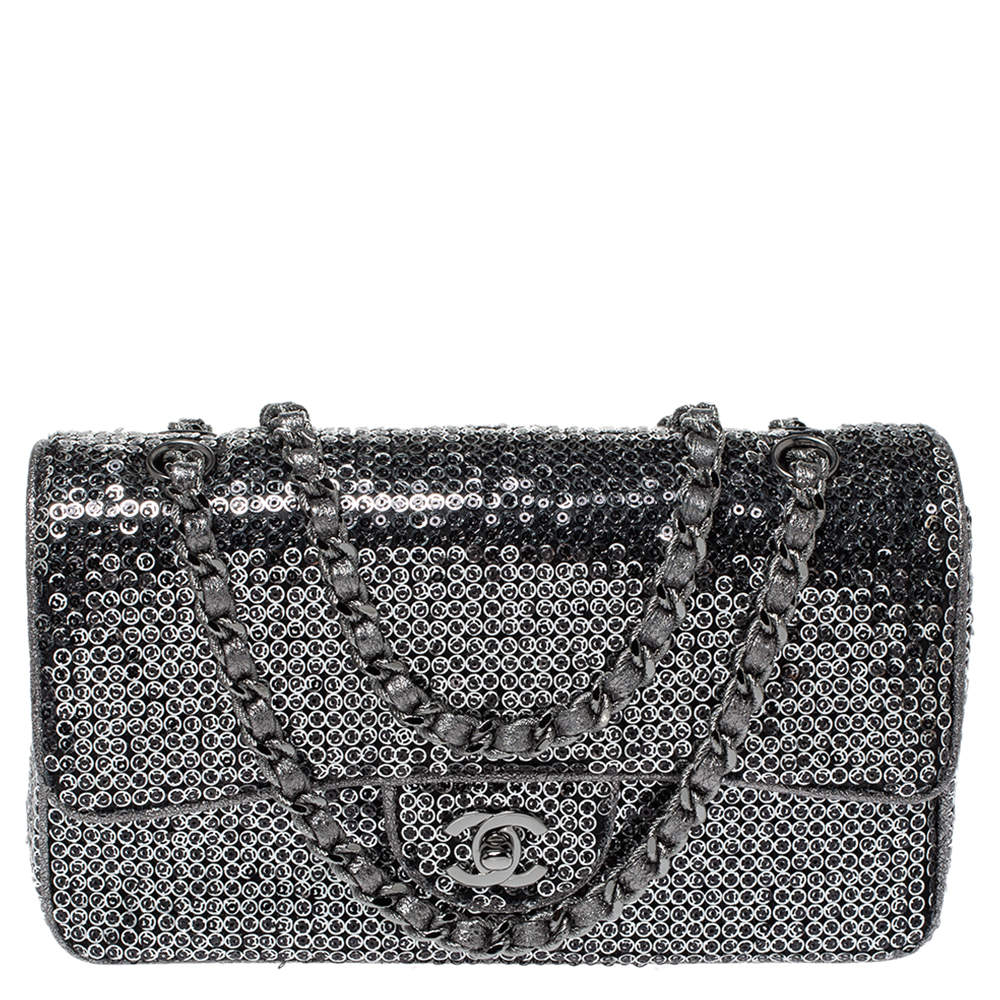Chanel Silver/Black Sequins Medium Classic Single Flap Bag Chanel | TLC