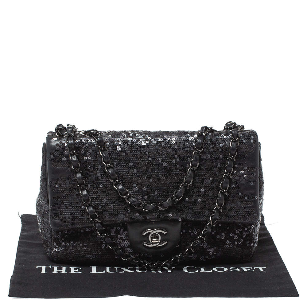 Chanel Black Sequins and Leather Small Classic Flap Bag
