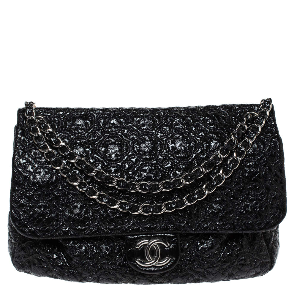 Pre Owned Chanel Black Camellia Embossed Patent Leather Jumbo Classic Single Flap Bag