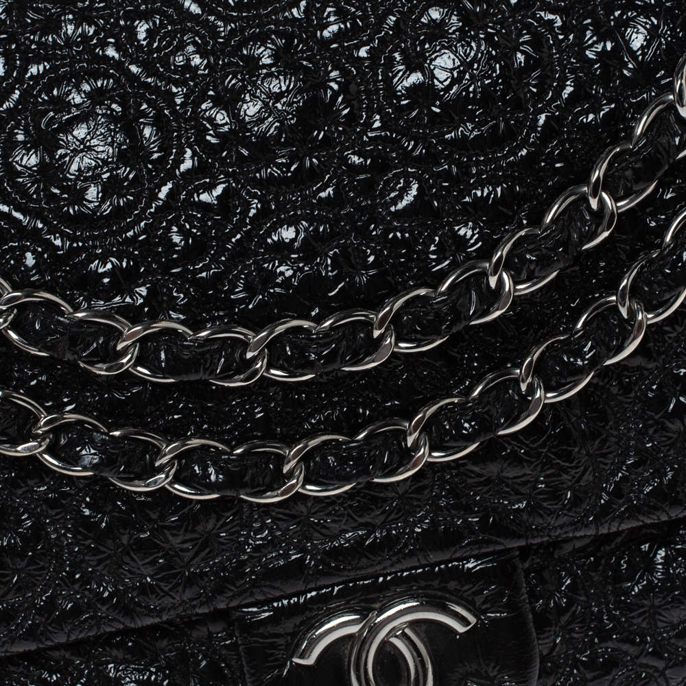 Chanel Black Camellia Embossed Patent Leather Jumbo Classic Single