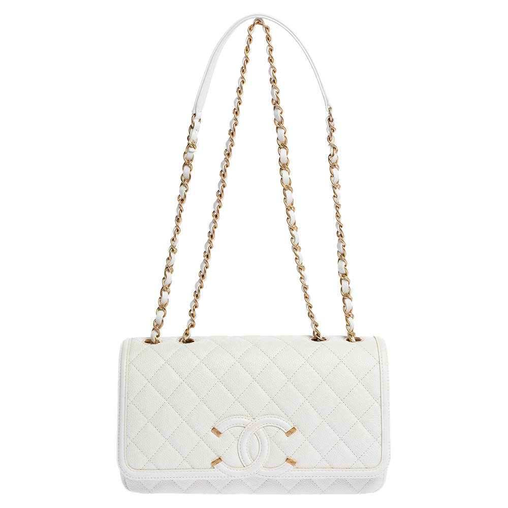 Chanel White Quilted Leather Medium Filigree Flap Shoulder Bag Chanel ...