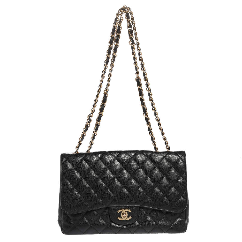 Pre Owned Chanel Black Quilted Caviar Leather Jumbo Classic Single Flap Bag