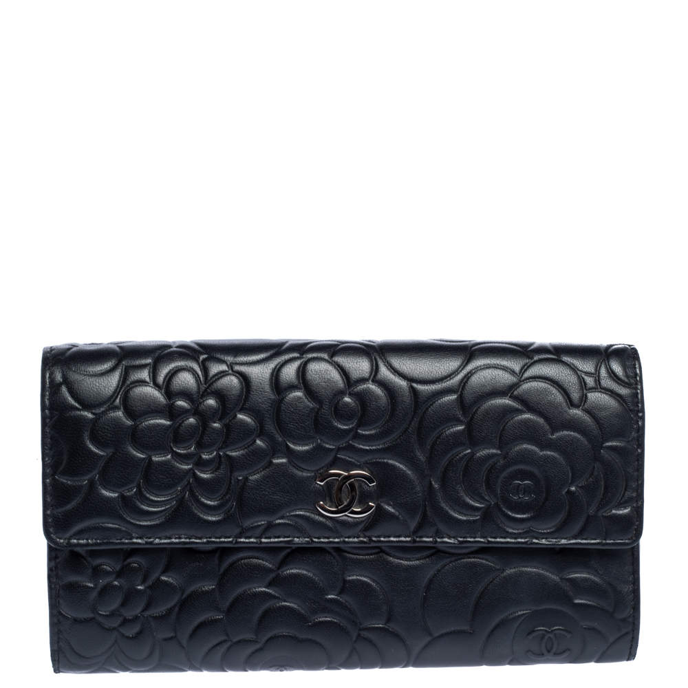 Chanel Black Camellia Embossed Leather Flap Wallet