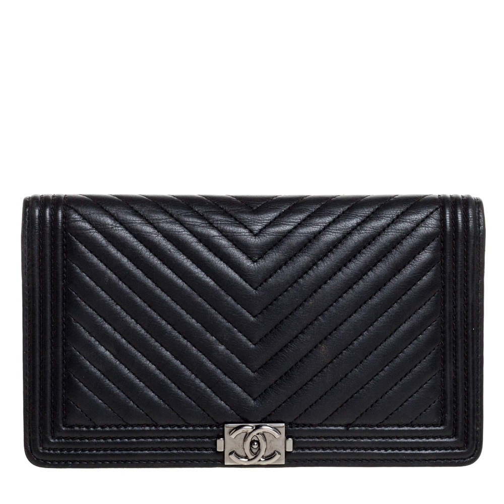 Chanel Black Chevron Leather Boy Wallet