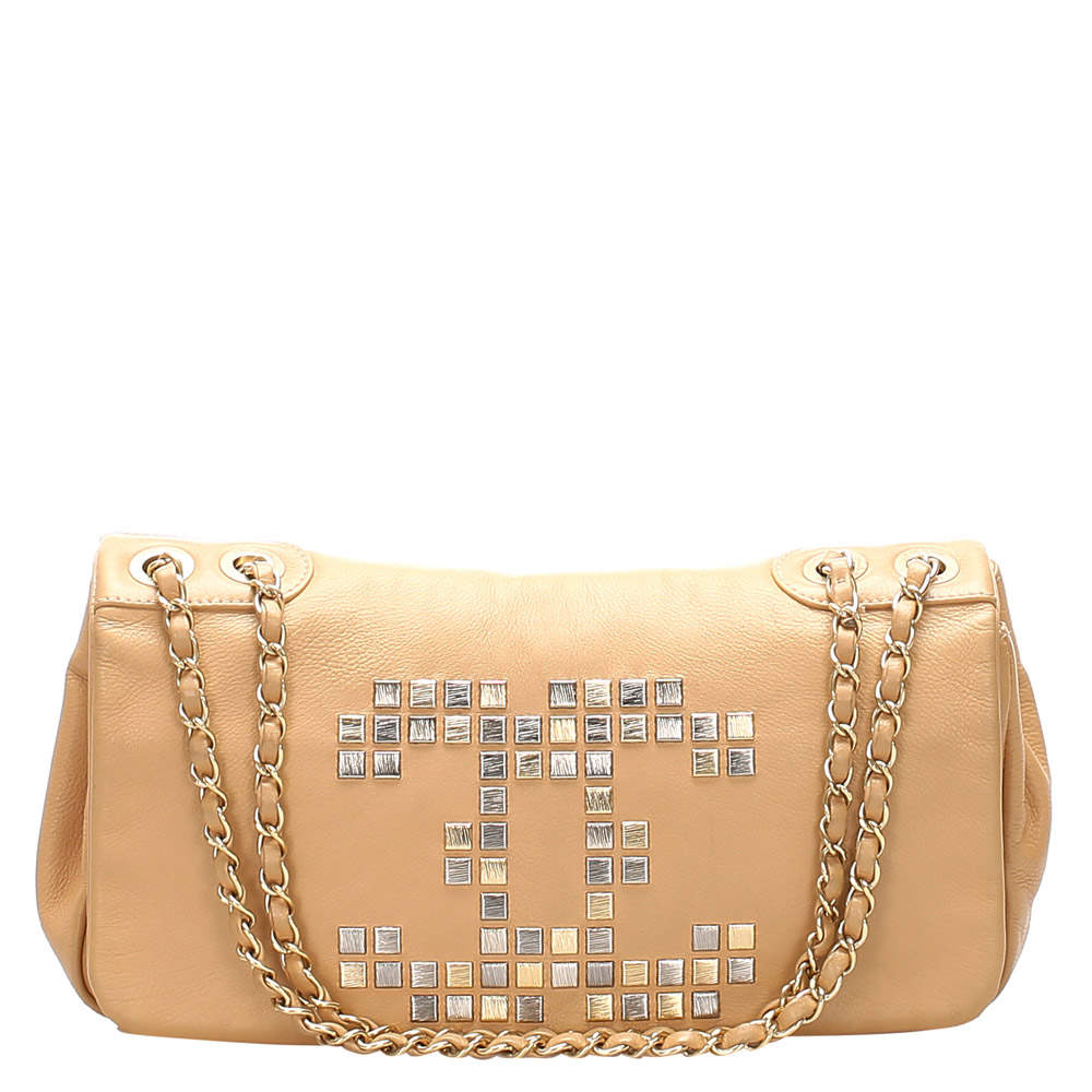 Pre Owned Chanel Beige/Brown Lambskin Leather Chain Shoulder Bag