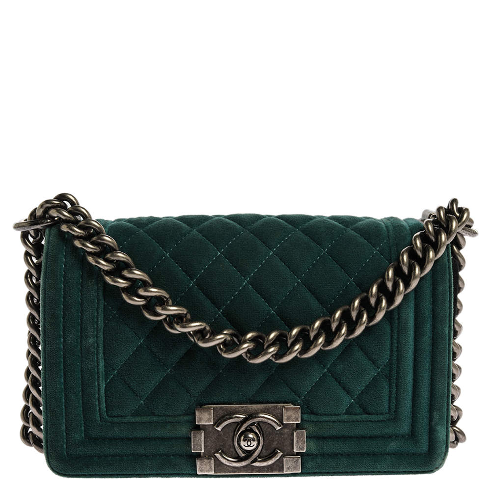 Chanel Dark Green Lambskin Leather & Velvet Mini Boy Bag with, Lot #56221
