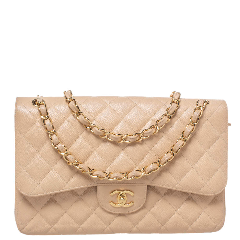مملوكة مسبقًا Chanel Beige Quilted Caviar Leather Jumbo Classic Double Flap Bag