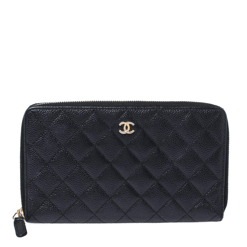 Pre Owned محفظة مفكرة شانيل سحاب ملتف جلد كافيار مبطن أسود