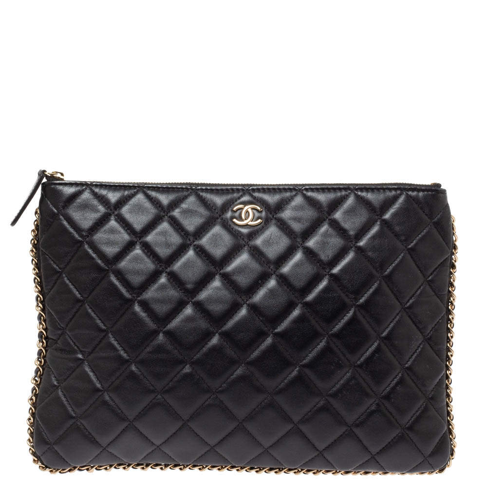 Chanel Black Quilted Leather O Case Chain Trim Clutch