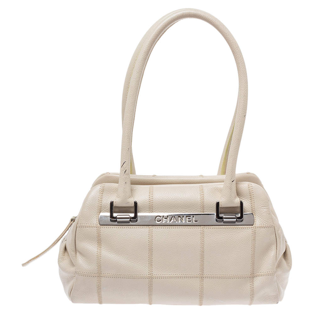 Chanel Off White Choco Bar Quilted Leather Logo Satchel