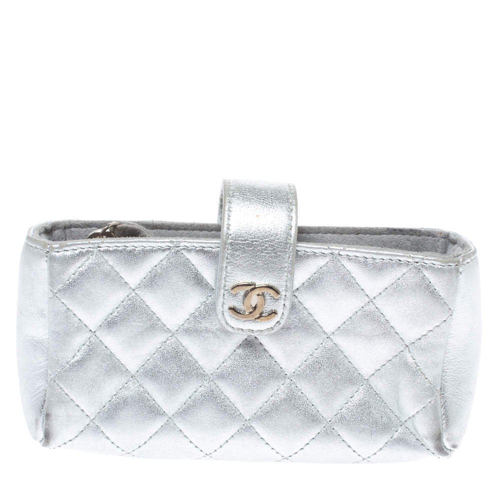 Chanel Metallic Silver Quilted Leather CC Phone Holder Pouch
