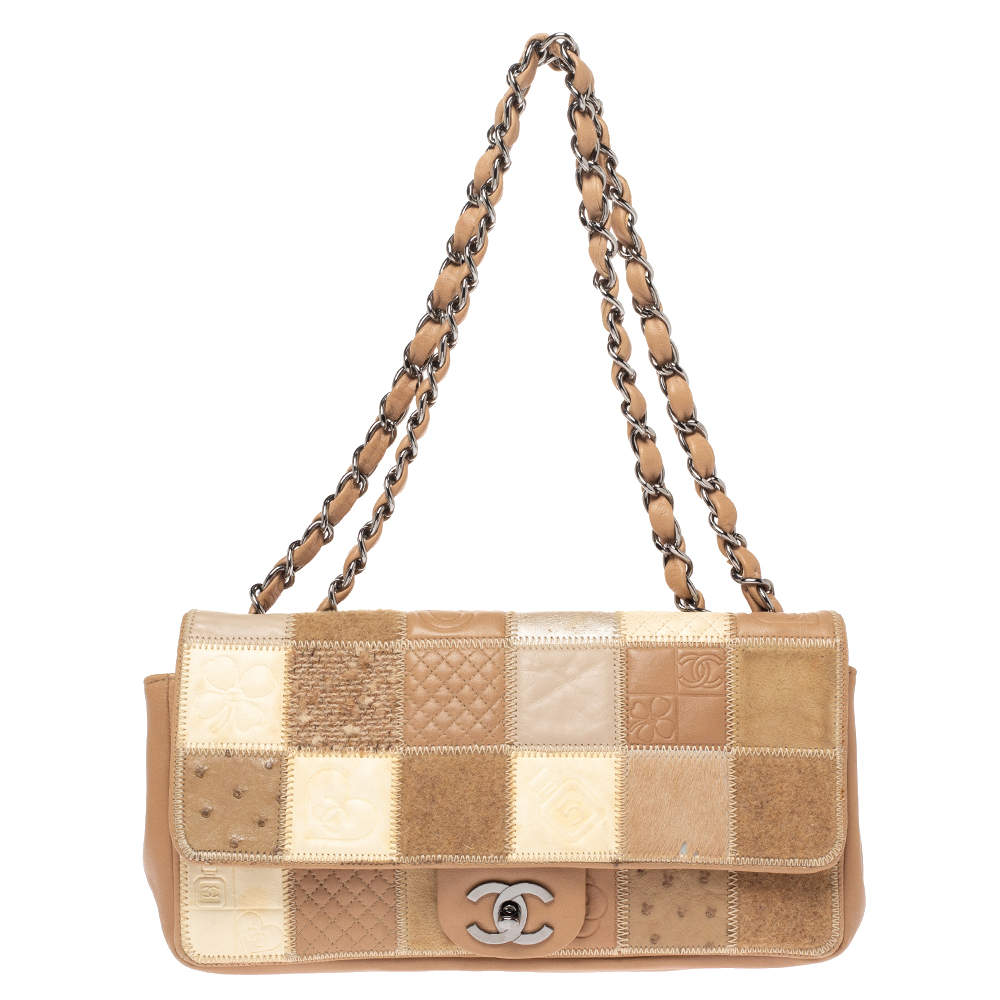 Chanel Beige/White Mixed Patchwork Leather East West Flap Bag