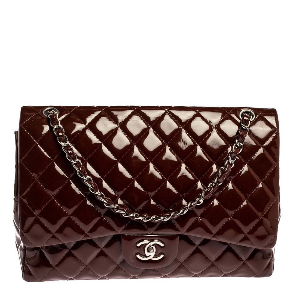 Chanel Burgundy Quilted Patent Leather Maxi Classic Single Flap Bag