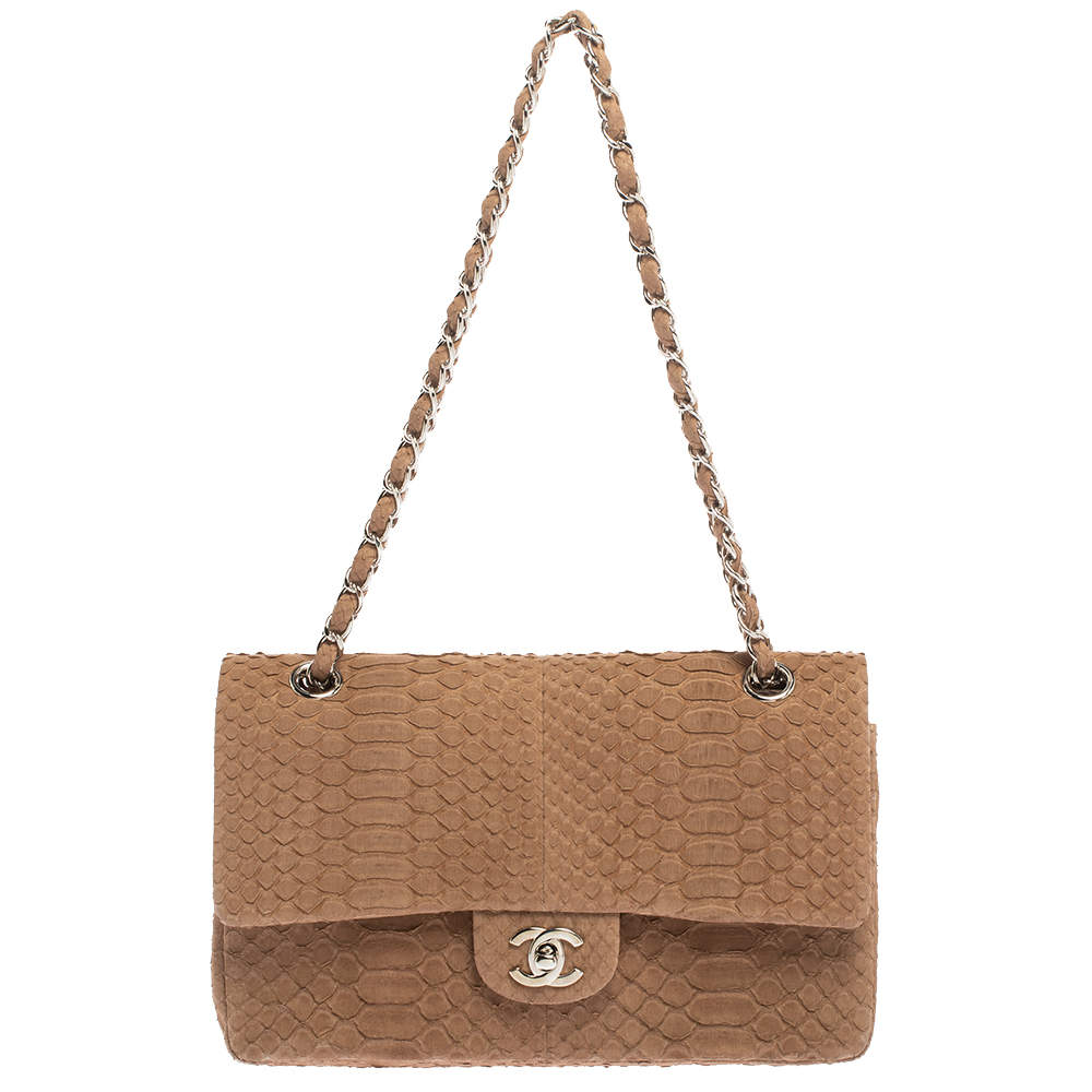 مملوكة مسبقًا Chanel Brown Python Medium Classic Double Flap Bag