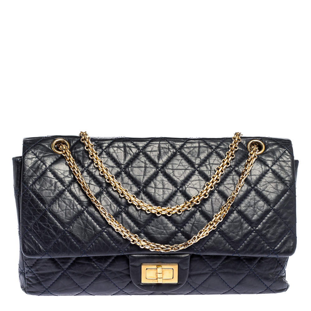 Pre Owned حقيبة شانيل "جامبو ريشيو 2.55 كلاسيك 227" قلاب جلد مبطن أزرق كحلي