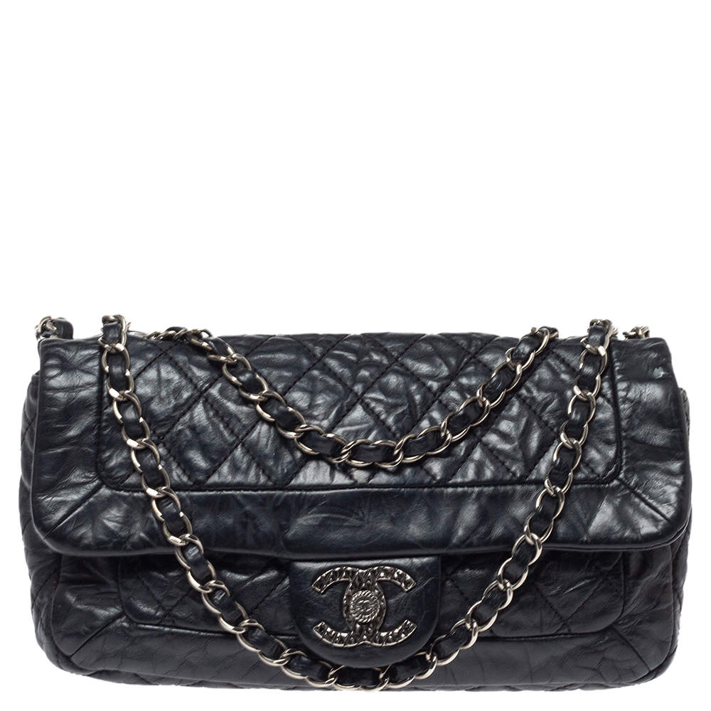 Chanel Black Aged Quilted Leather CC Classic Single Flap Bag